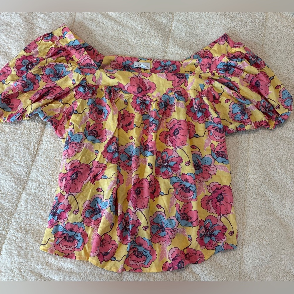 True Craft Pink and Yellow Floral Flowy Puff Sleeve Top Blouse Woman XL NWT